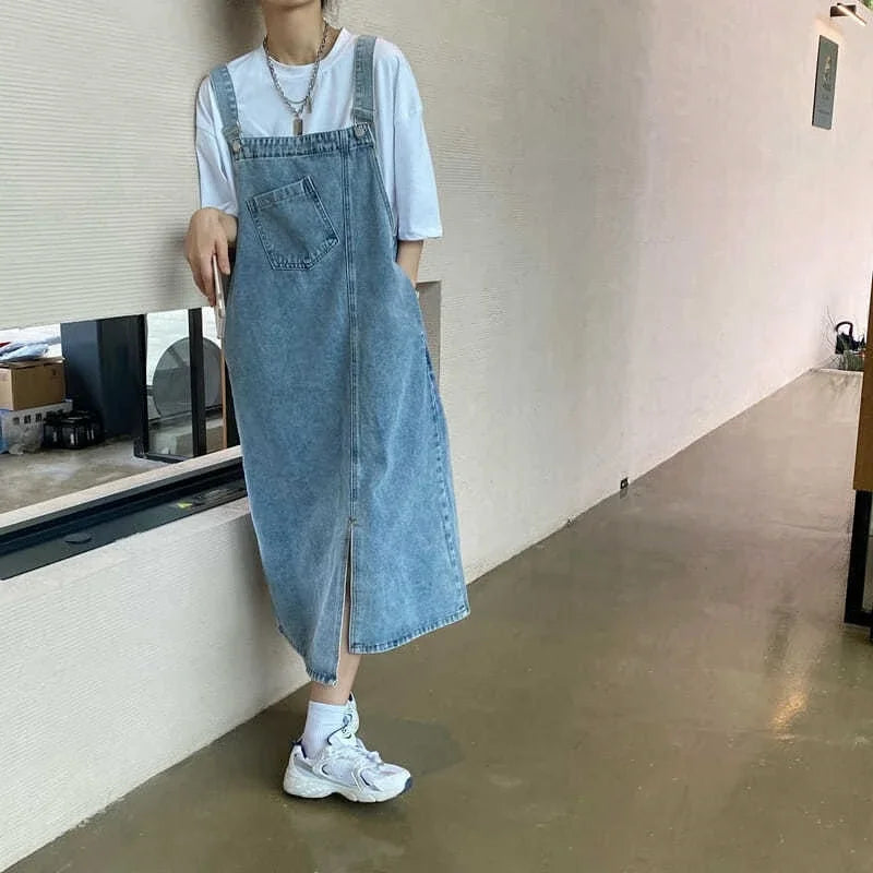 Women Denim Overall Dress Irregular Chest Pocket Side Split Fashion Sleeveless Jeans Dress Spaghetti Strap Dresses Jumper Dress