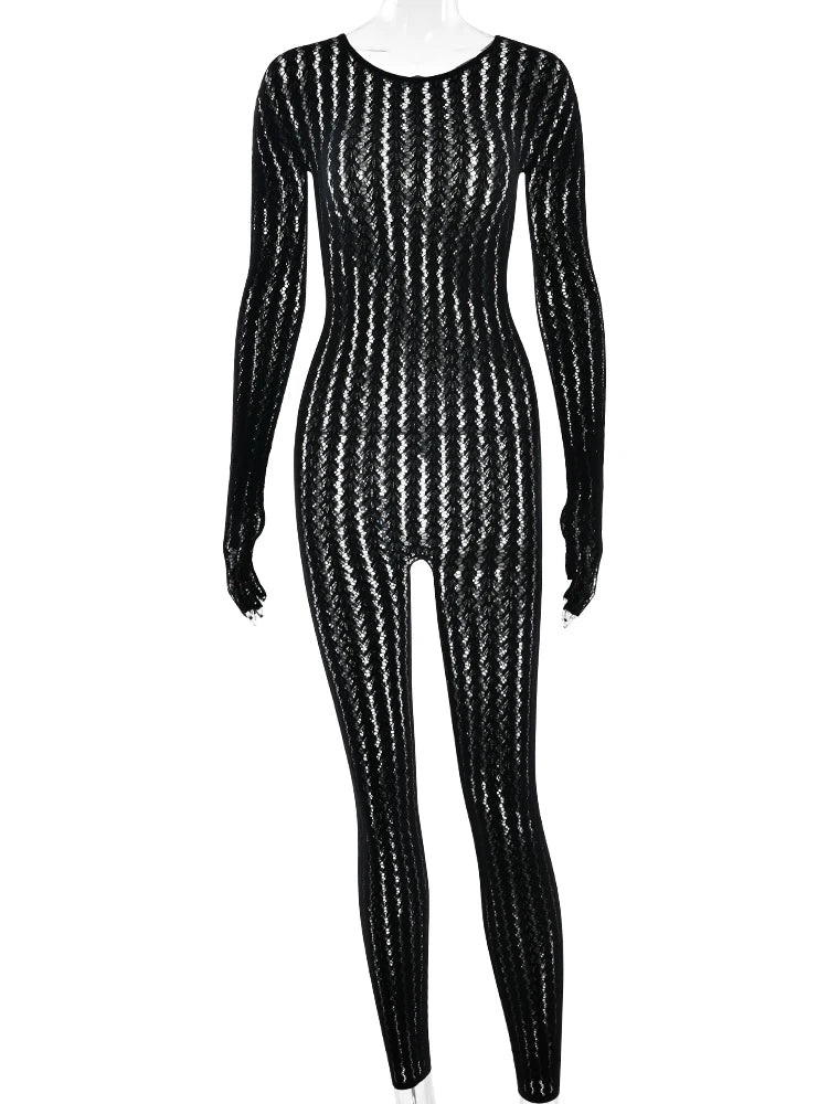 Sibybo Sheer Hollow Out Jumpsuits Women Summer Round Neck Long Sleeve High Stretch One Piece Jumpsuit Rompers Thin Sexy Overalls
