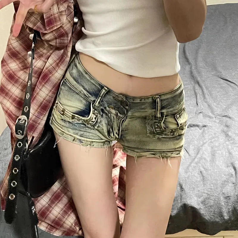 New Woman Designer Low Waist Punk Jeans Girls Aesthetic Elastic High Street Mini Pants Female Sexy Nightclub Summer Denim Shorts
