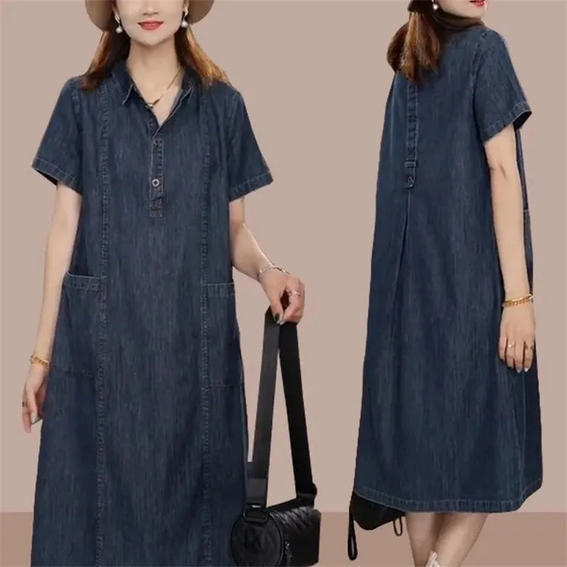 Short sleeved Shirt Denim Dress for women 2025 Summer New Korean version Loose with pockets Casual Thin Denim Dress Female