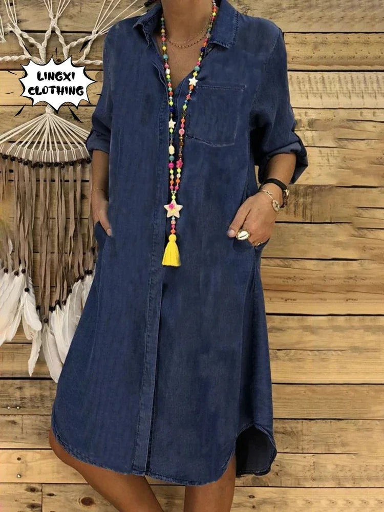 2024 Summer New Fashion Cowboy Women's Long Dress Elegant and Fashionable Retro Single breasted Long sleeved Dress Black Dress
