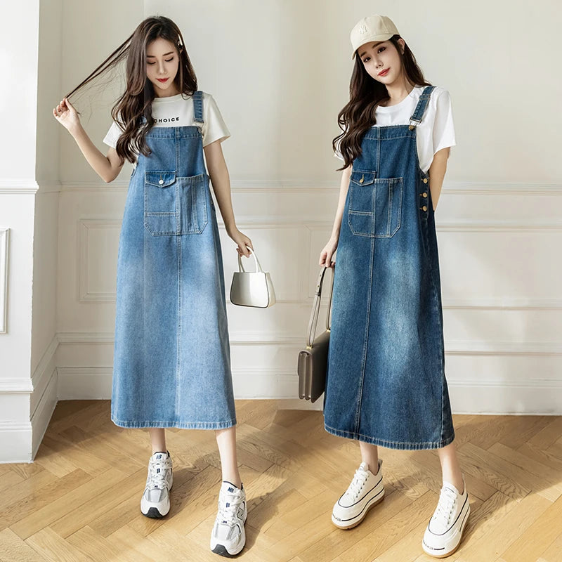 Women Denim Dresses Spring Summer Large Pocket Loose Casual Mid  Length Jean Suspender Straps Dress Korean Versatile Vestidos