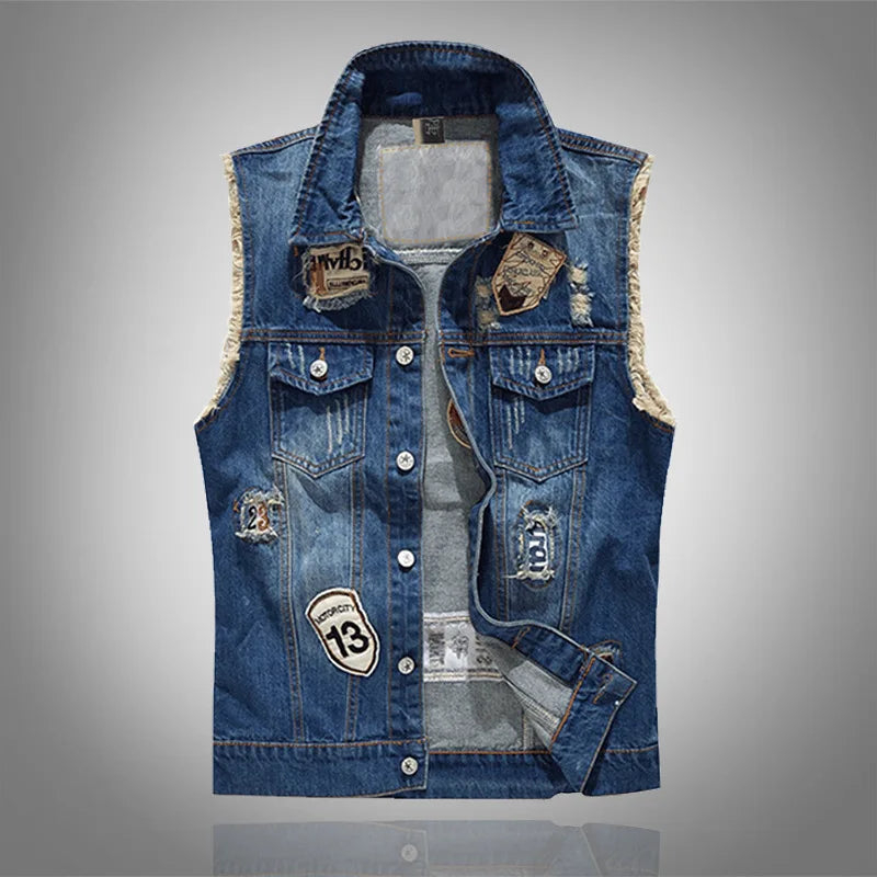 6XL Plus size new Spring/Fall Vintage design Men's denim vest Men's High quality sleeveless jacket Men's ripped jeans vest