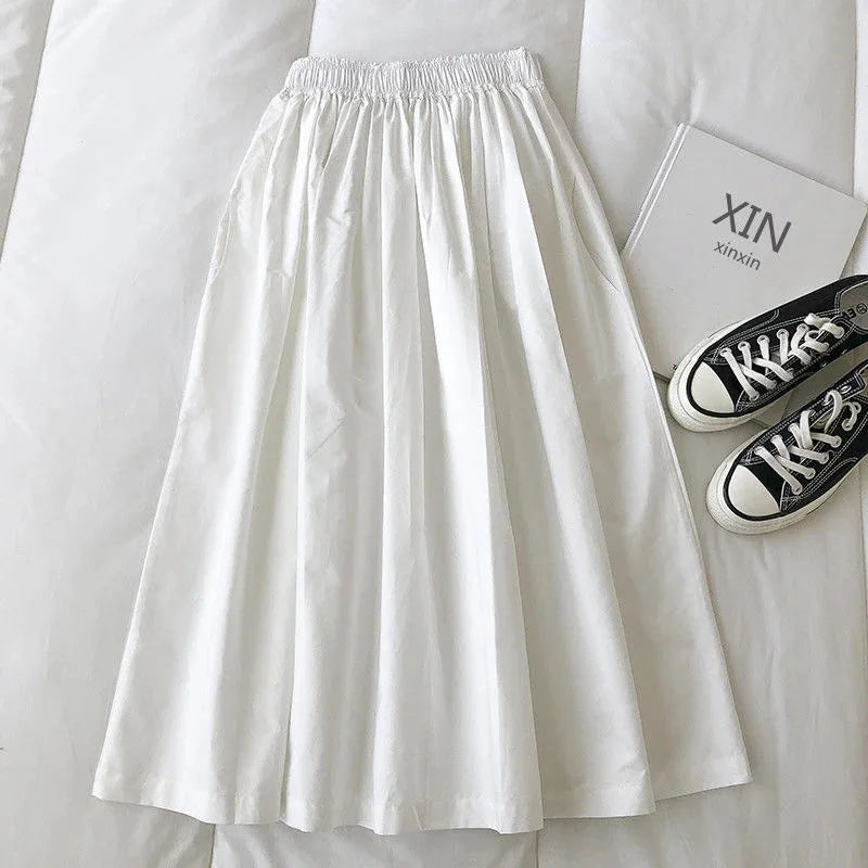Women White Long Skirt Fashion Pockets Pleated Knee Length Skirts Autumn 2025 New Casual Elegant High Waist A Line Femme Skirts