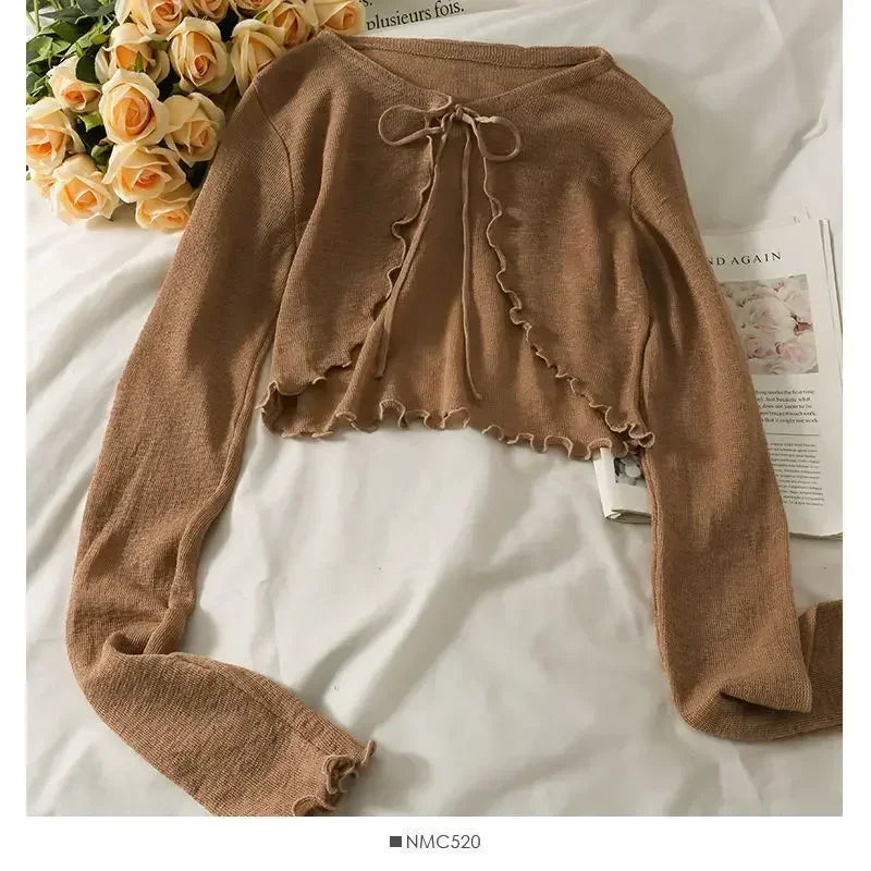 Women Frenum Cardigan Blouses and Tops Bow Lace Up Long Sleeve Crop Top Female Elegant Shirt Thin Aesthetic Clothes Korean Style