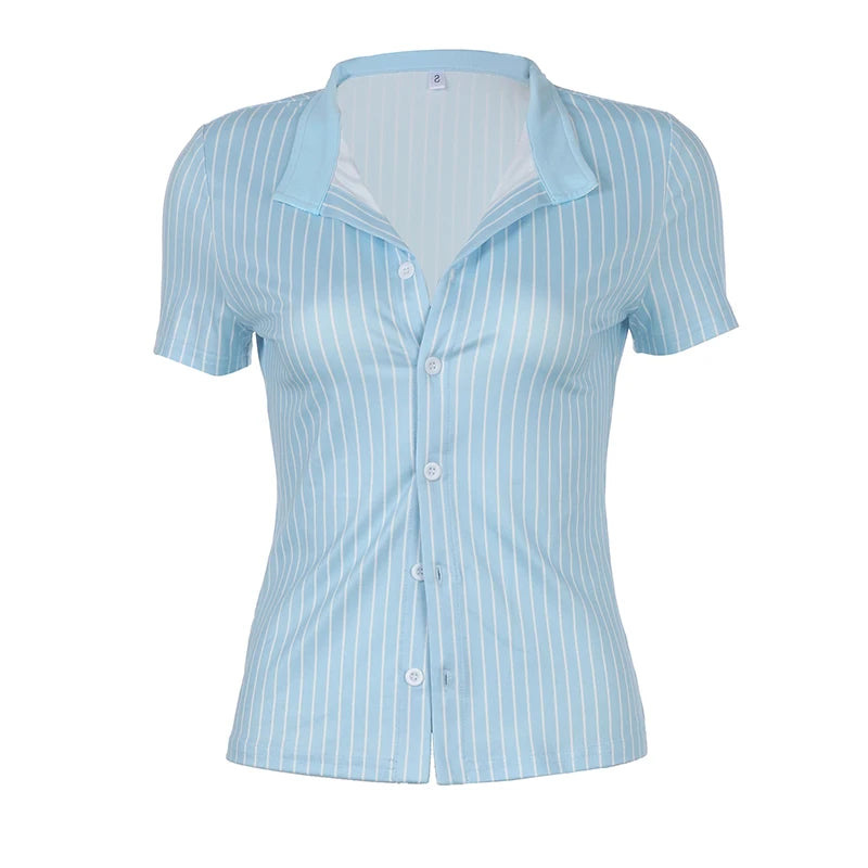 Cuteandpsycho Streetwear Button Up Tee Shirts Striped Print Short Sleeves Women's Clothings Fashion Y2K Cute Harajuku Y2K Tops