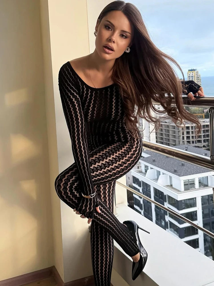 Sibybo Sheer Hollow Out Jumpsuits Women Summer Round Neck Long Sleeve High Stretch One Piece Jumpsuit Rompers Thin Sexy Overalls