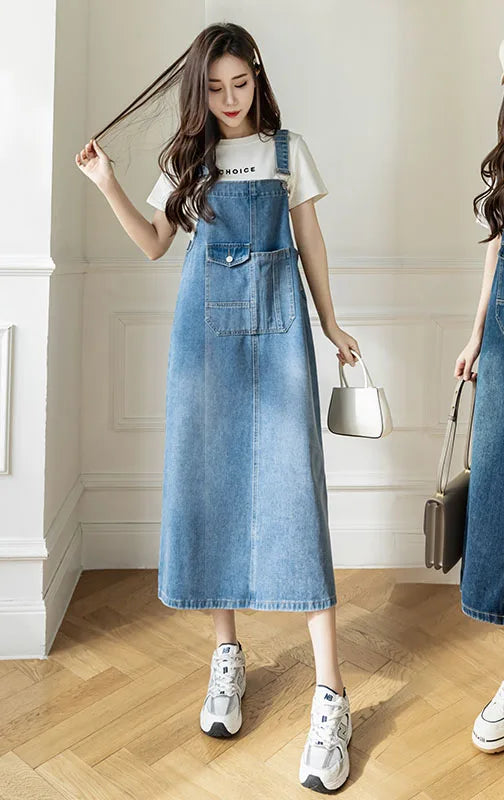 Women Denim Dresses Spring Summer Large Pocket Loose Casual Mid  Length Jean Suspender Straps Dress Korean Versatile Vestidos
