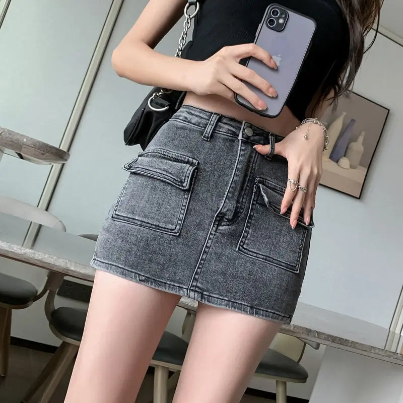 Summer Denim Short Skirt for Women Sexy Slim High Wiast Wrap Hip Mini Skirts Woman Korean Chic Pockets Shorts Jeans Skirt