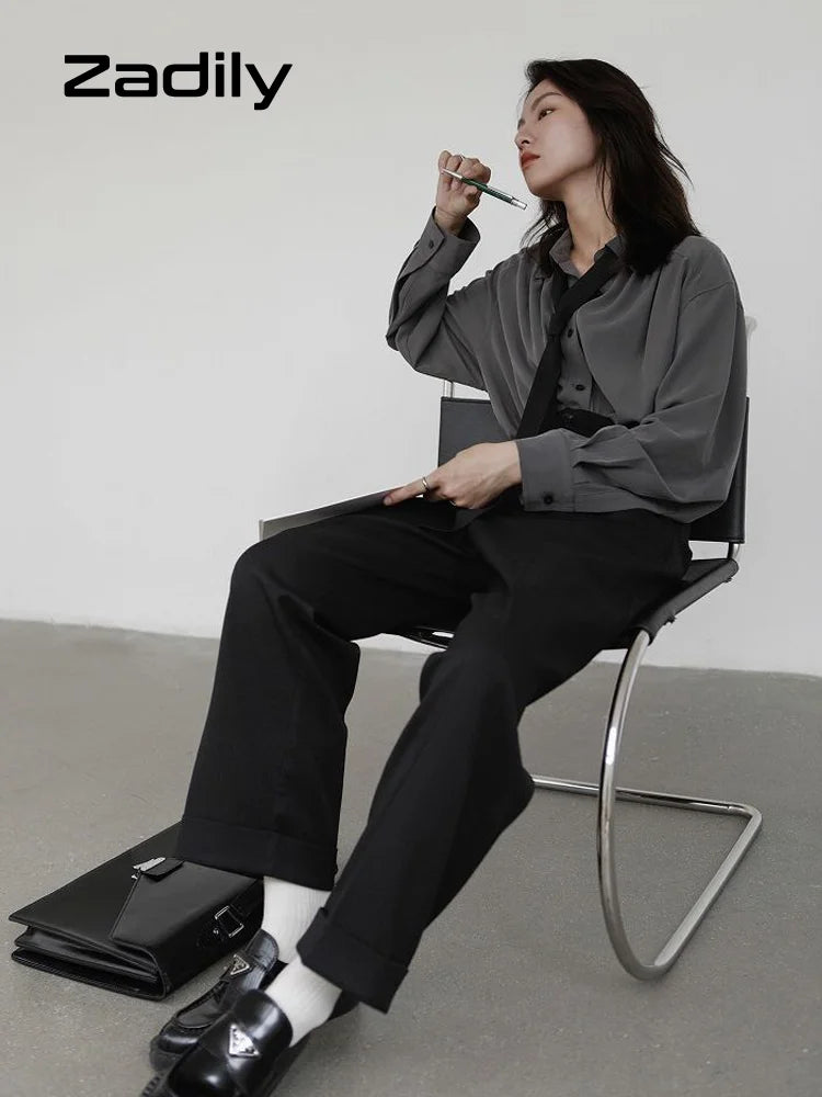 2025 Summer Minimalist Long Sleeve Button Up Shirt Women Korean Style Solid Tie Oversize Shirts Blouse Loose Clothes Autumn Tops