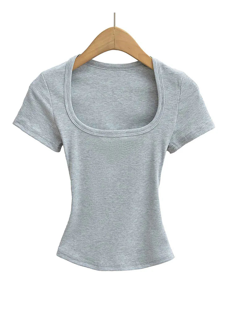 Women's Square Collar Slim Fit Crop Top High Stretch Short Sleeve Pullover Sexy Summer Blouse T-shirt Bottoming