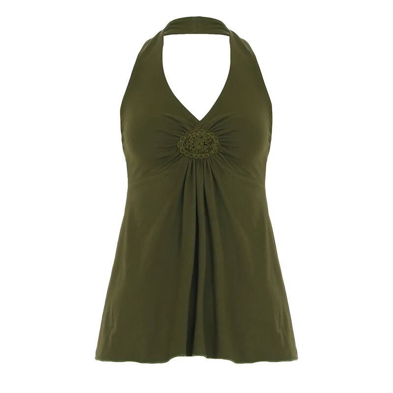 Fashion Solid Simple Embroidered Ruched Women Halter Tops Backless Sexy Hottie Summer Tanks