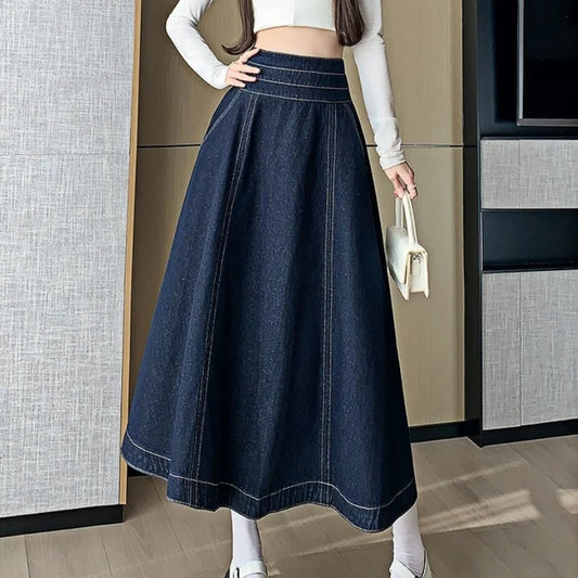 Seoulish Spring Summer Vintage Women's Jeans A-line Skirts 2025 New High Waist Blue Back Zipper Umbrella Denim Skirts Female