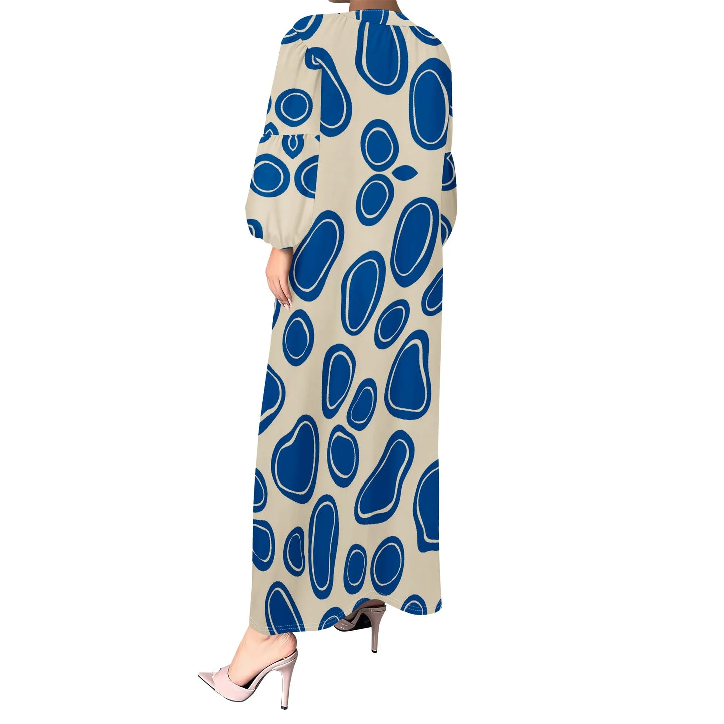 Plus Size Blue Abstract Print Long Dress for Women – Casual & Chic, Perfect for Spring Outings, Available in XS-3XL