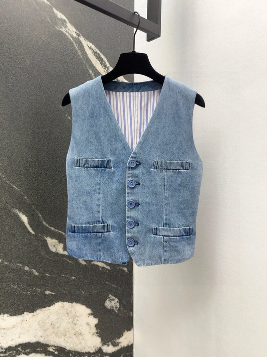 Retro light blue V-neck single breasted back cinched denim vest autumn new item vertical stripe inner sleeveless jacket top