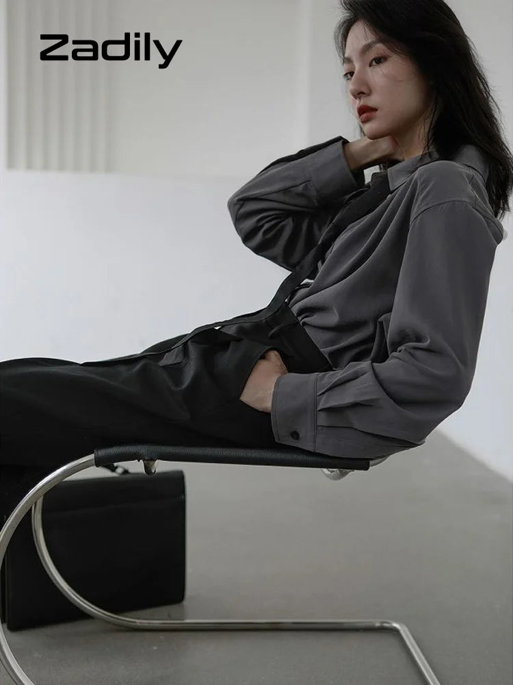 2025 Summer Minimalist Long Sleeve Button Up Shirt Women Korean Style Solid Tie Oversize Shirts Blouse Loose Clothes Autumn Tops