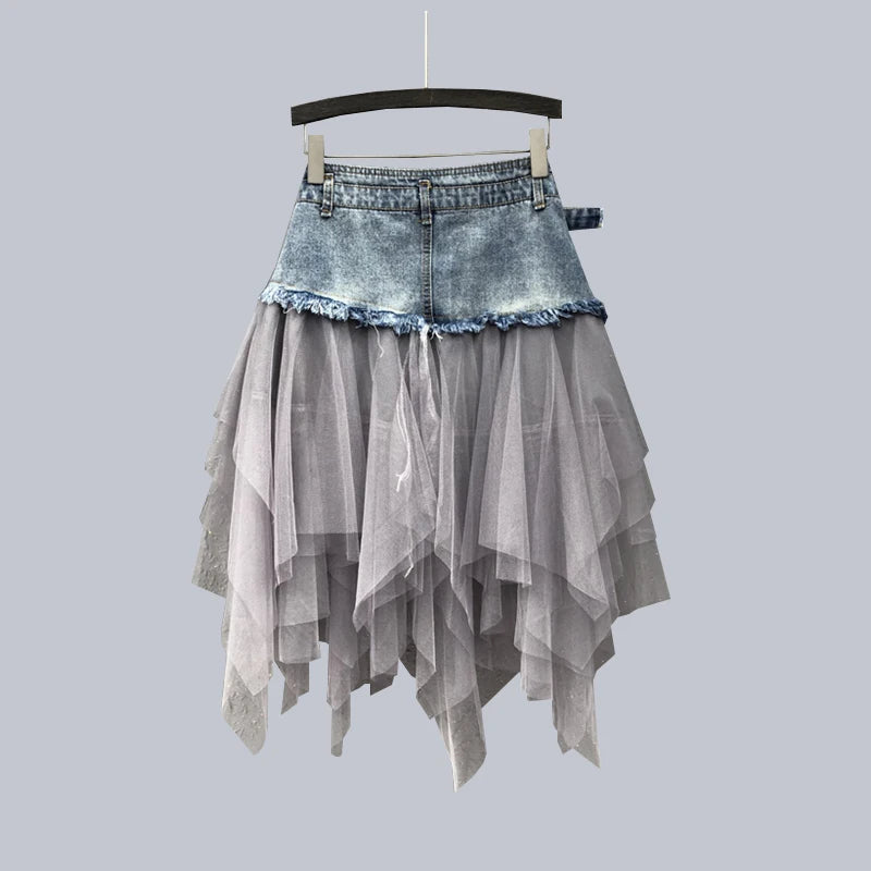 Korean Version Mesh Spliced Denim Skirt For Women's Summer High Waisted Mid Length Beach Skirt Slim Fit Versatile Denim Skirt