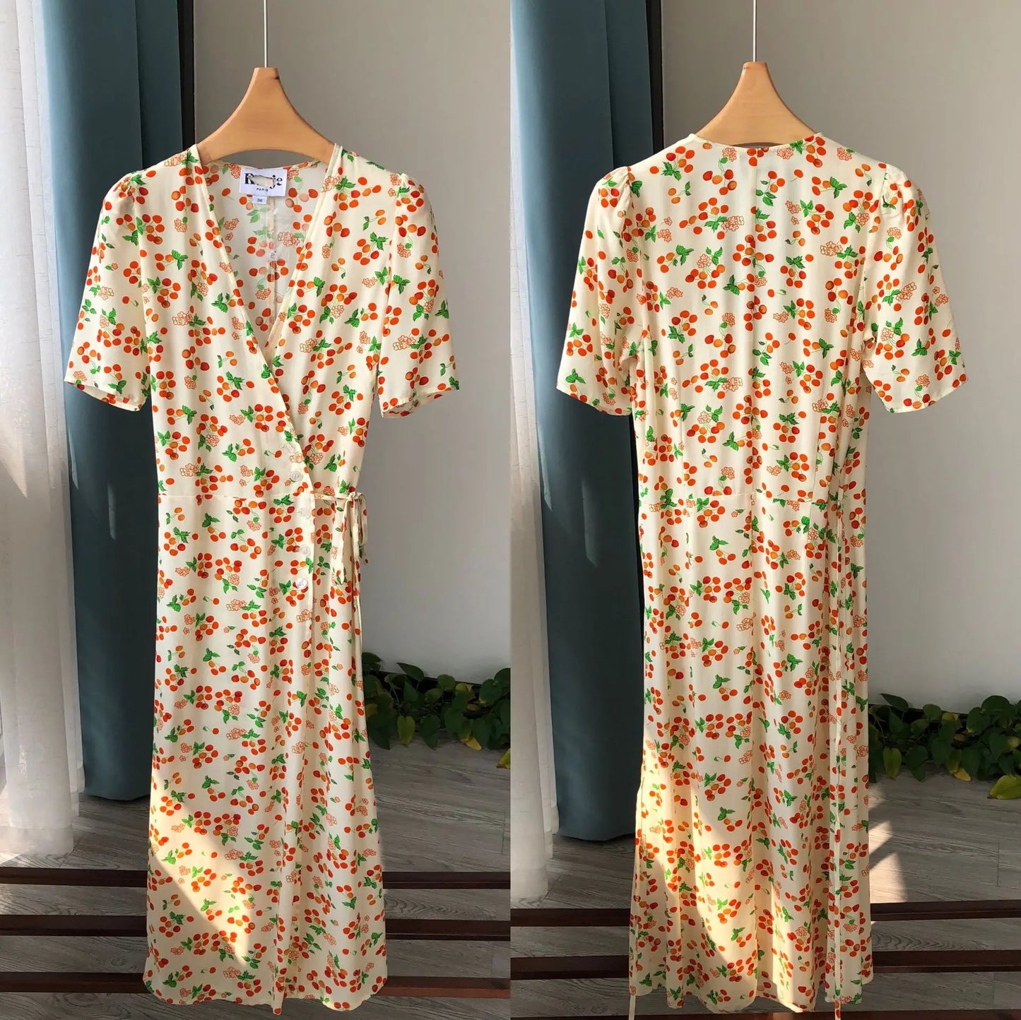 Summer Sweetheart Small Fresh Retro Cherry Print Short-sleeved Wrap Dress, One-piece Coffee Break Dress Tea-break Dress