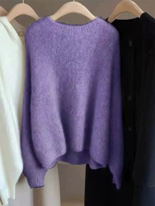 Autumn and Winter New Cashmere Sweater 100% Pure Wool Knitted Pullover for Women, Loose and Lazy Style Round Neck Soft Solid Top