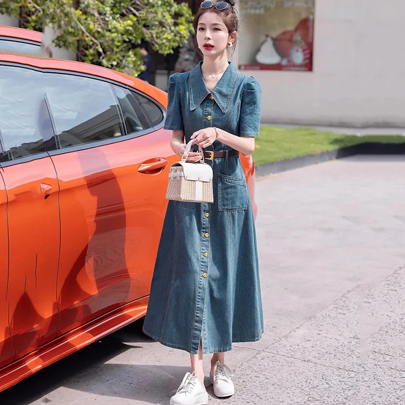 2025 Summer New Women's Denim Dress Solid Short Sleeve Korean Hot Fashion Jeans Dress Female Single-Breasted Long Cowgirl Dress