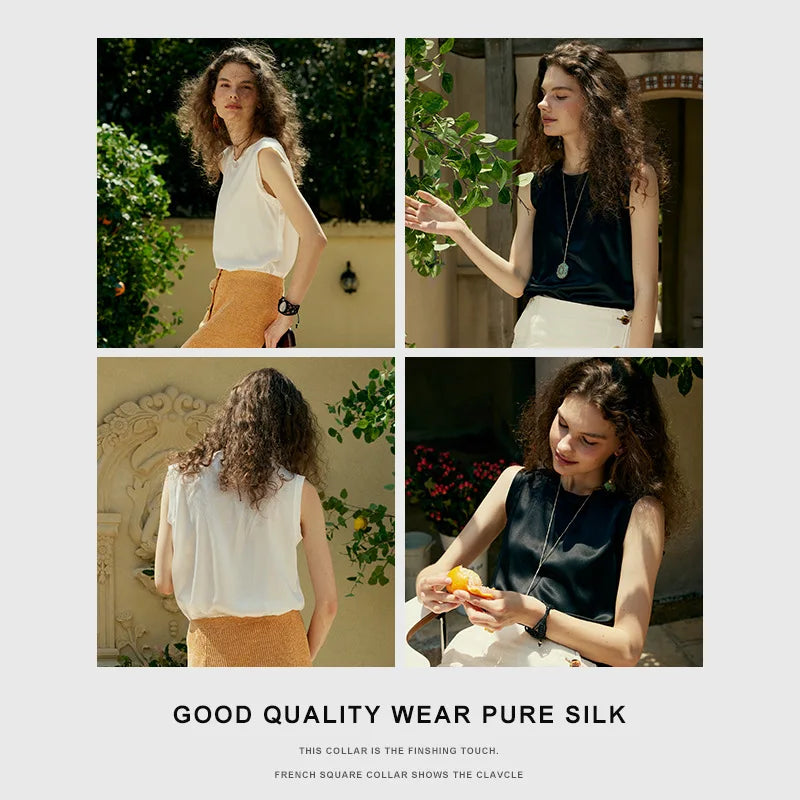 Heavy Silk Top Women's Spring and Summer Inner Base Black and White Crop Top Mulberry Silk Loose Sleeveless Shirt silk satin top