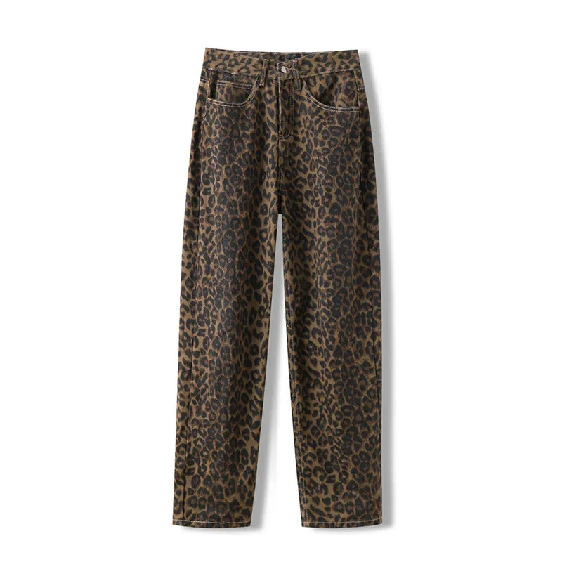 Botvotee High Waisted Leopard Print Jeans for Women Y2k Retro Streetwear Denim Pants Hip Hop Straight Wide Leg Baggy Jeans