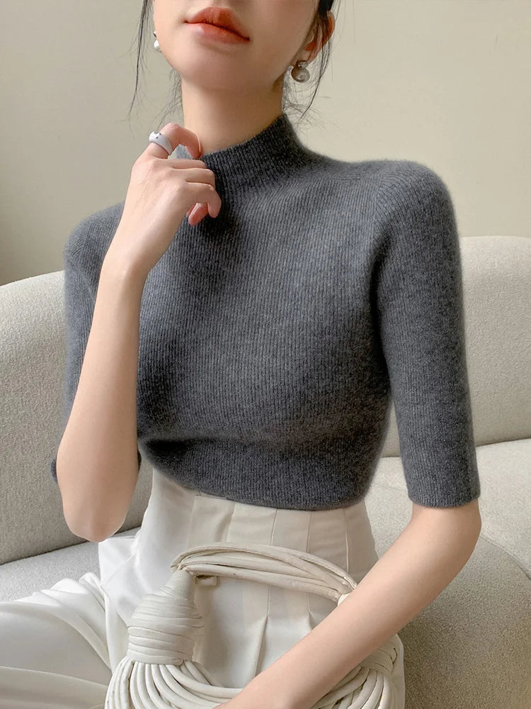 New Fashion Women Slim Mock Neck Half Sleeve Pullover Sweater Pure Color Basic Soft 100% Merino Wool Knitwear Spring Summer Tops