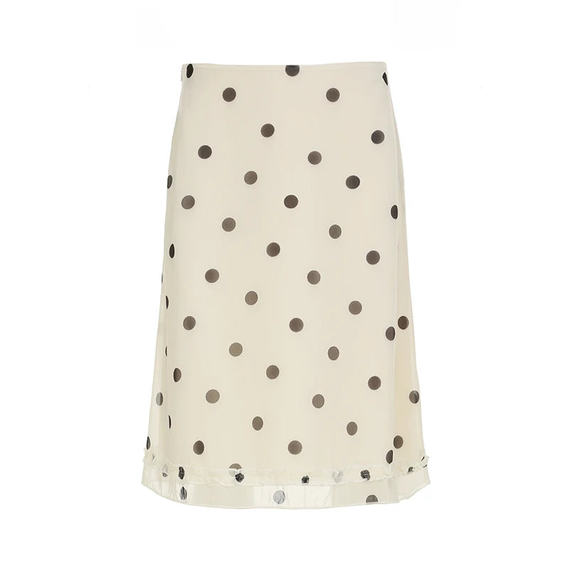 BIIKPIIK Casual Women Polka Dot Skirts Lettuce Trim Beige Elegant Midi Skirts Streetwear Simple All-match Bottom Clothing Spring