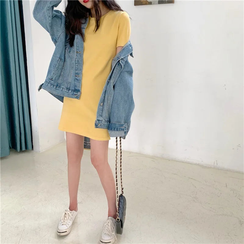 Summer Women T-shirt Dress Casual O-Neck Short Sleeve Solid Korean Slim Mini Vestidos CDPF-WYP-6624