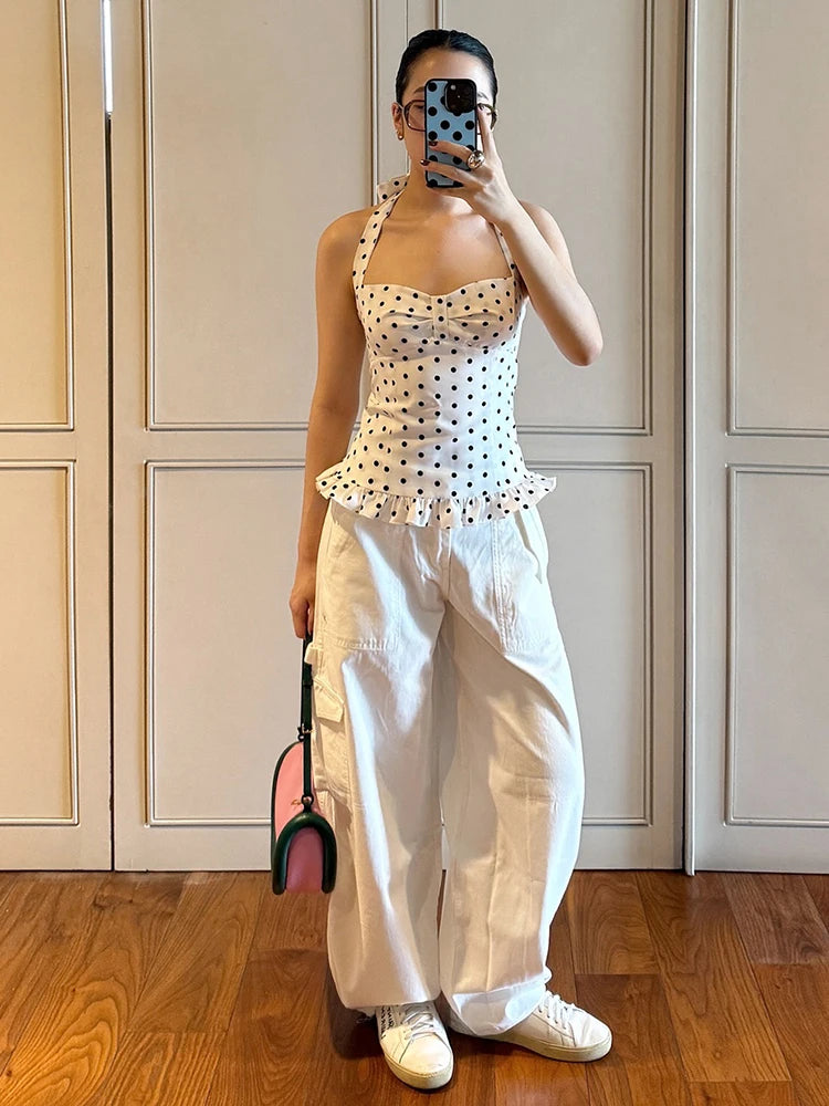 Weird Puss Polka Dot Print Top Women Halter Low-Neck Bandage Ruffles Backless Sleeveless Skinny Summer Trend Street Basic Vest