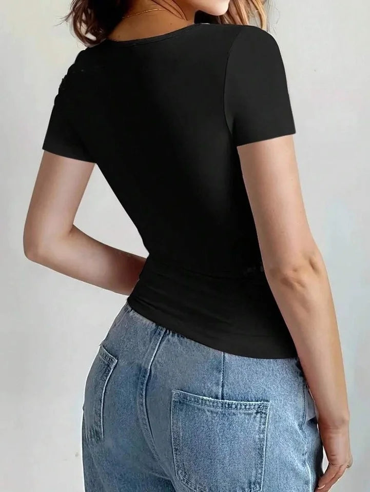 2025 New Summer Y2k Tops Womens Causal Basic T-Shirts Scoop Neck Short Sleeve Crop Tops Cute Slim Fit Tees Pullovers Clothing