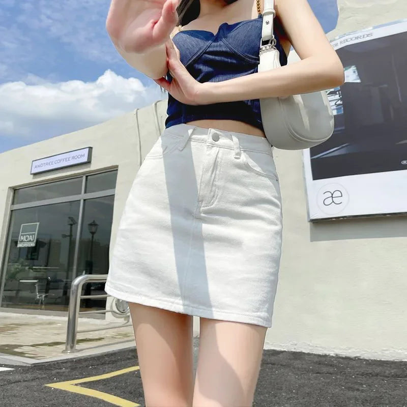 Xpqbb White Denim Skirts Women Spring Summer Korean High Waist Package Hip Skirt Woman Casual Simple Wild Jean Mini Skirts