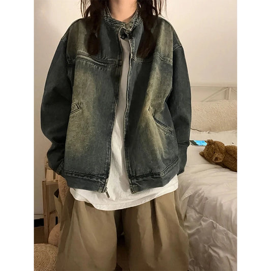Vintage Denim Jacket Women Y2K Streetwear Oversized Jeans Coat Bf Harajuku Korean Distressed Loose Casual Outwear Spring Autumn