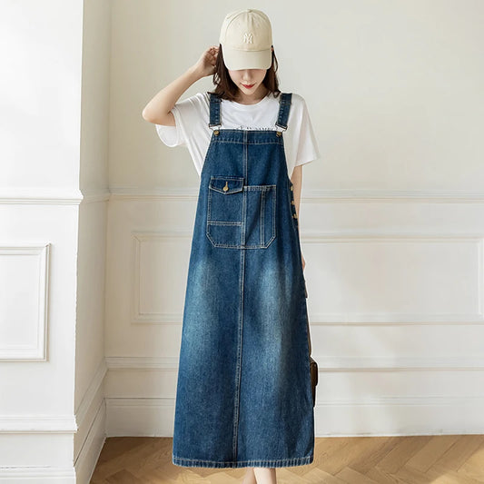 Women Denim Dresses Spring Summer Large Pocket Loose Casual Mid  Length Jean Suspender Straps Dress Korean Versatile Vestidos