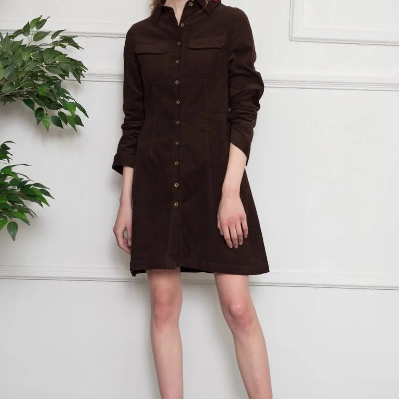 Bella Philosophy Autumn Winter Solid Corduroy Cotton Slim Women Long Shirt Dress Women Button Casual Ladies Vestidos