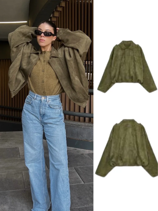 Street Fashion Women's Short Suede Jacket Loose Green Lapel Zipper Long Sleeve Bomber Coat 2025 Autumn Winter New Lady Outwears