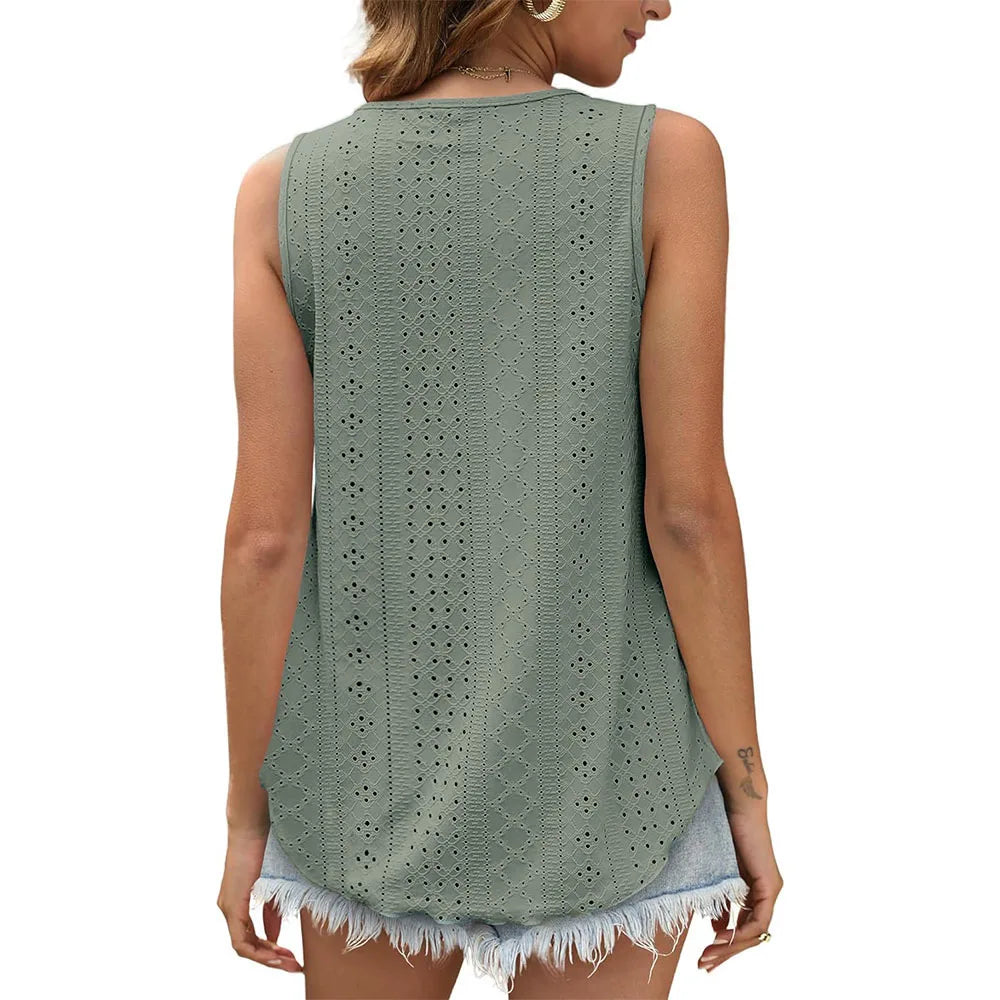 Womens Tank Tops Sleeveless Eyelet Embroidery Scoop Neck Loose Fit Casual Summer Flowy