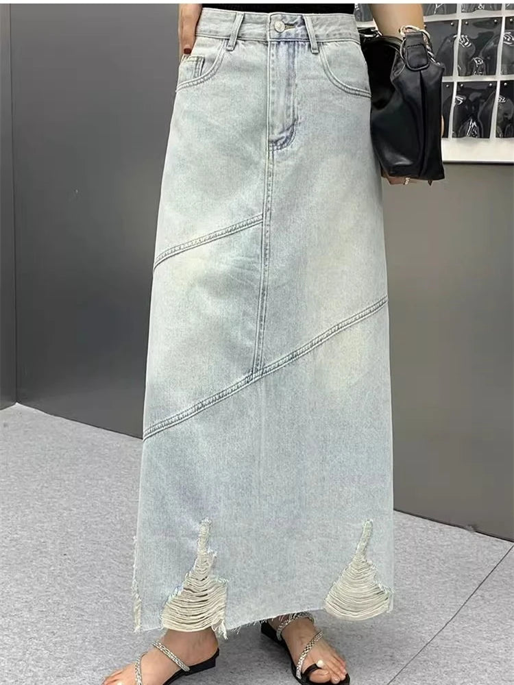 Women's Vintage Ripped A-line Long Denim Skirt Cool Girl Vintage Fashion Summer Female Street Style Ankle-length Large Skirts