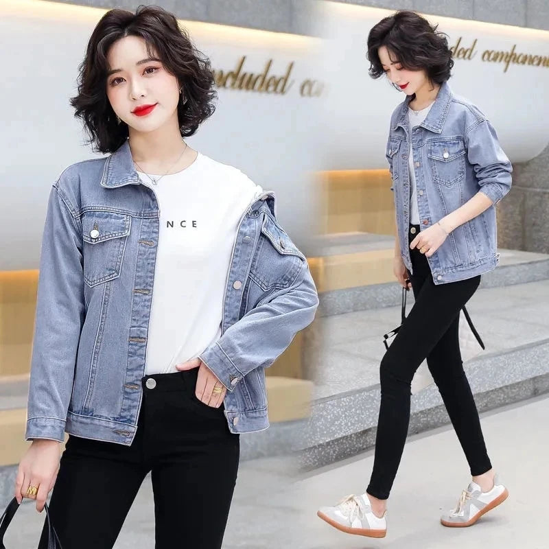 2025 Spring Autumn New Single-breasted Womens Denim Jacket Coat Loose Long Sleeve Tops Casual Jean Coats Female Outerwear