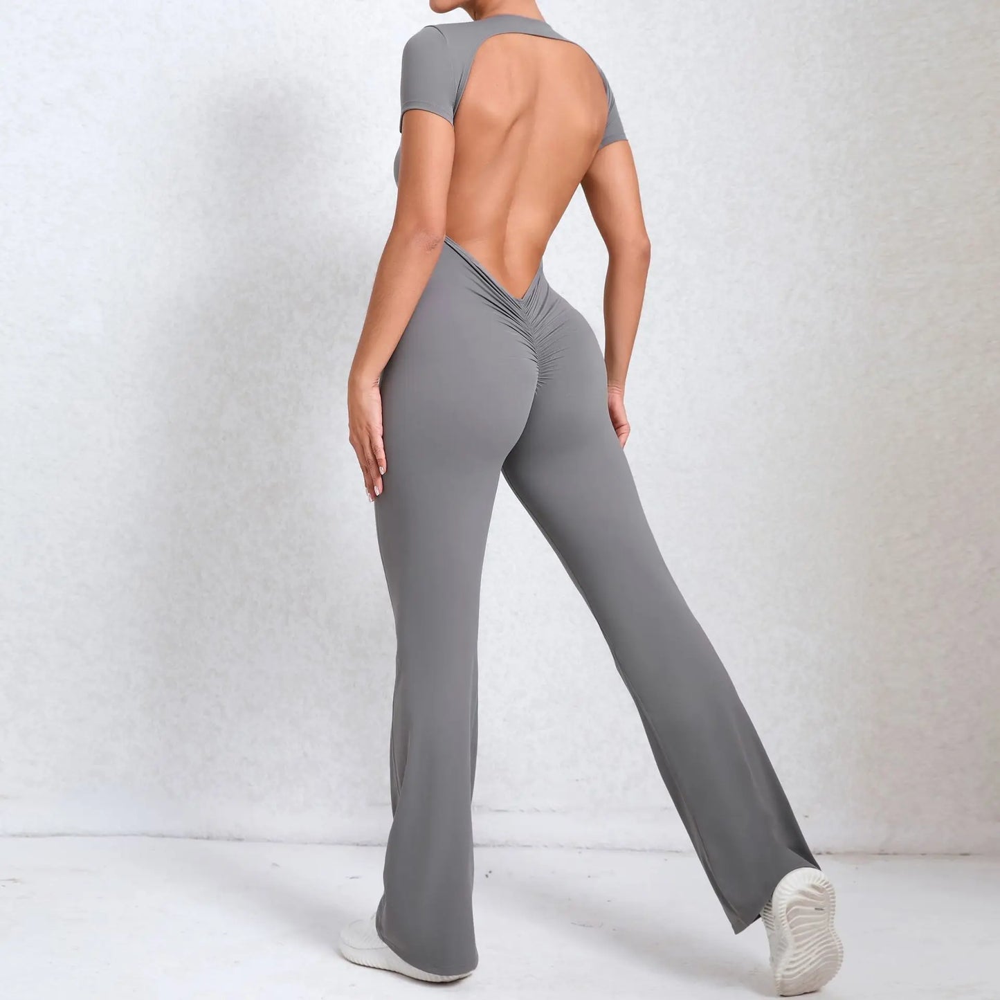 Women Short Sleeves Bodysuit Gym Set Yoga Clothes Suit Workout Jumpsuit Sport Set Women One-Piece Flared Pant Rompers Sportswear