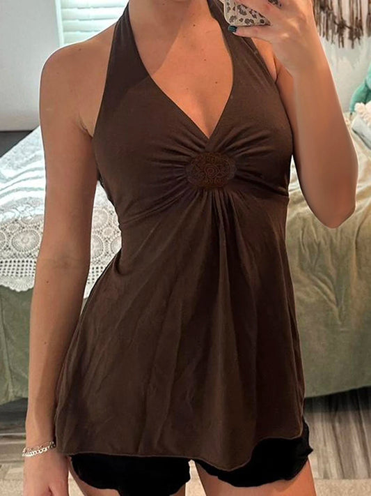 Fashion Solid Simple Embroidered Ruched Women Halter Tops Backless Sexy Hottie Summer Tanks