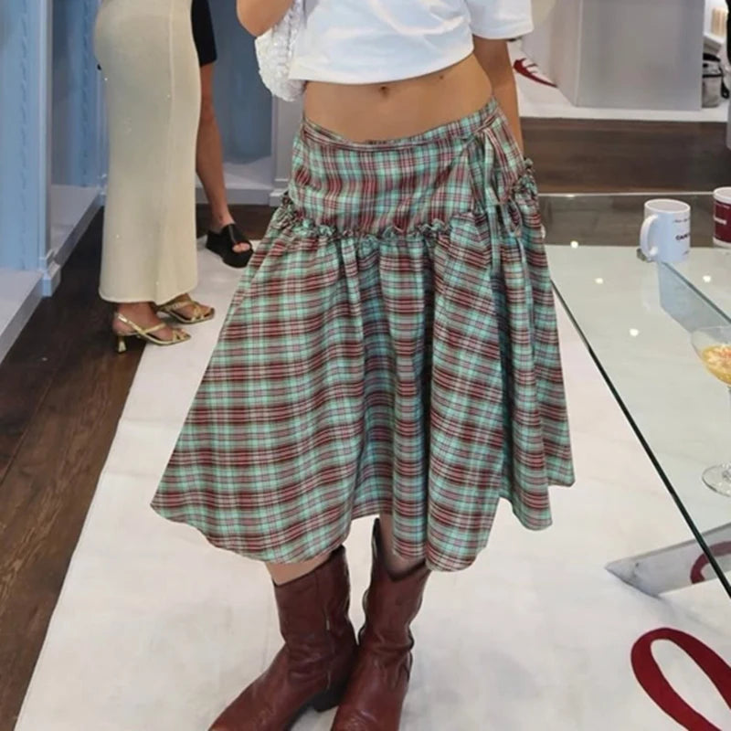 Vintage Tie-Up Ruffle Hem A Line Skirt Cottage Plaid Low Low Rise Midi Skirt Women Gingham Loose Tiered Skirt Y2k Streetwear