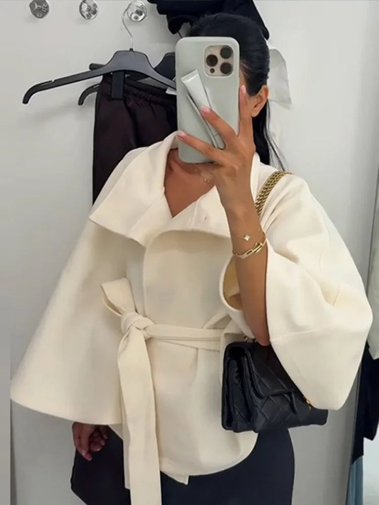 Womens Short Cape Coats For Women Belt Faux Wool Blends Coats Autumn Winter Solid Coats Elegant Cloak Jacket Ladies 2025