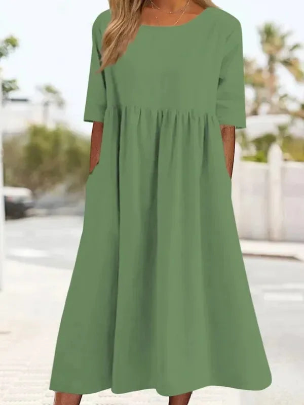 Summer New Cotton and Linen Casual Short Sleeve Pocket Fold Loose Round Neck Women's Dress 300
