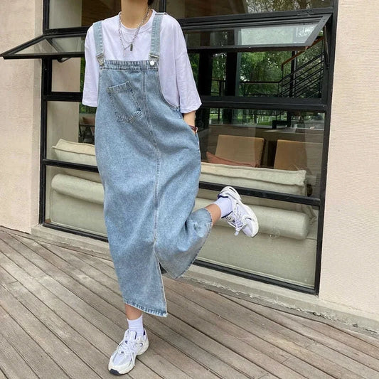 Women Denim Overall Dress Irregular Chest Pocket Side Split Fashion Sleeveless Jeans Dress Spaghetti Strap Dresses Jumper Dress