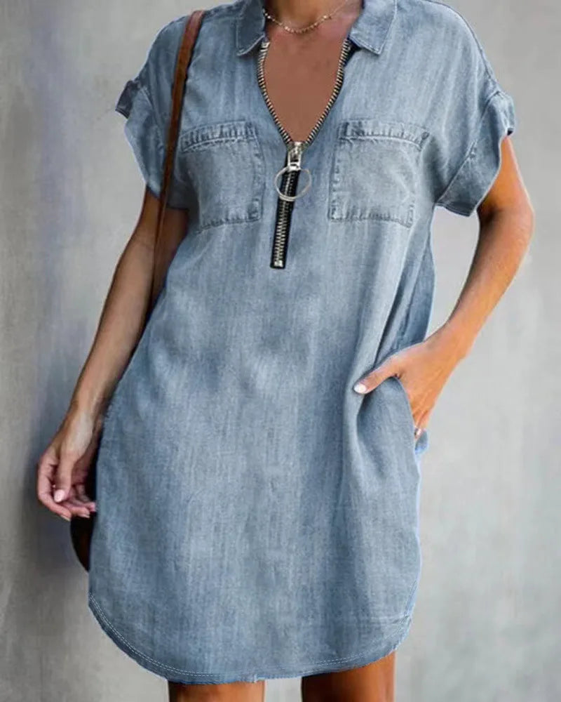 New style pocket solid color denim dress casual dress, multi-functional denim dress day, often casual and fashionable
