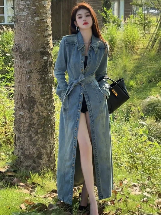 Retro Single Breasted Denim Jacket Turndown Collar Long Windbreaker Women's Spring Autumn New Style Temperament Lace Up Coat