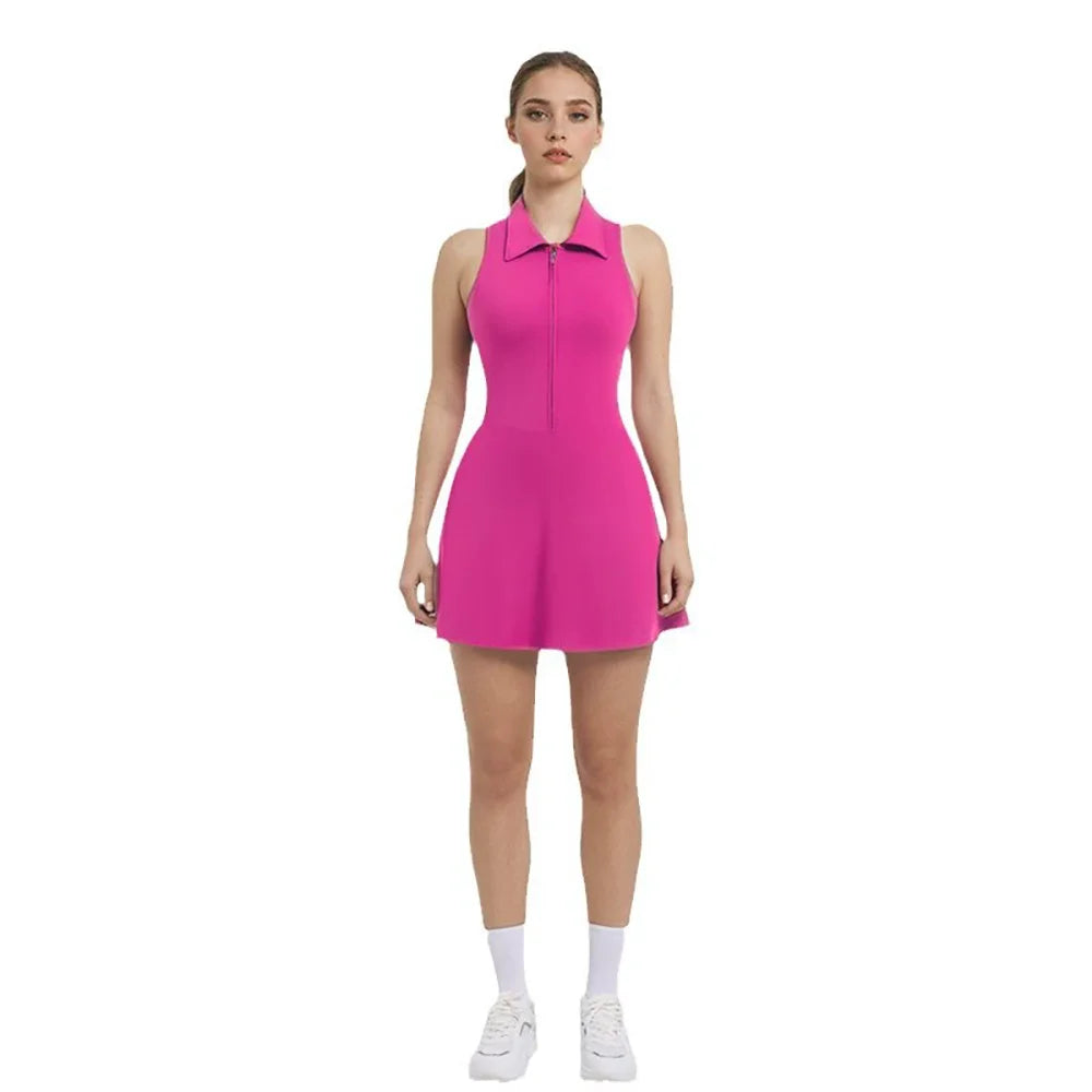Lapel With Zipper Yoga One-Piece Tennis Dress Slimming High-Waisted Anti-Glare Sportswear Fitness One-Piece Dress