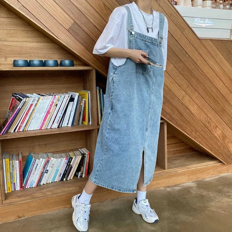 Women Denim Overall Dress Irregular Chest Pocket Side Split Fashion Sleeveless Jeans Dress Spaghetti Strap Dresses Jumper Dress