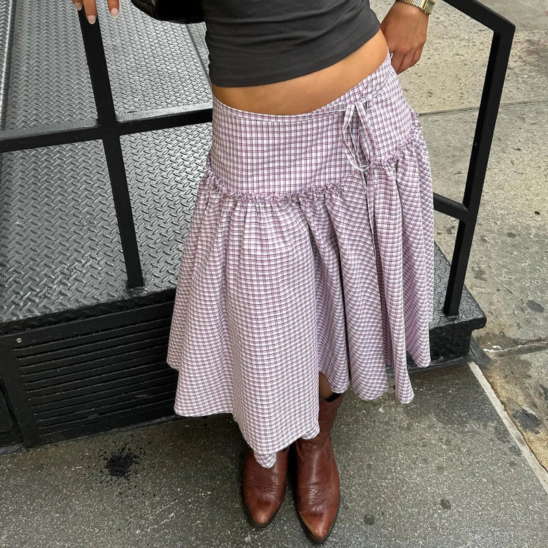Vintage Tie-Up Ruffle Hem A Line Skirt Cottage Plaid Low Low Rise Midi Skirt Women Gingham Loose Tiered Skirt Y2k Streetwear
